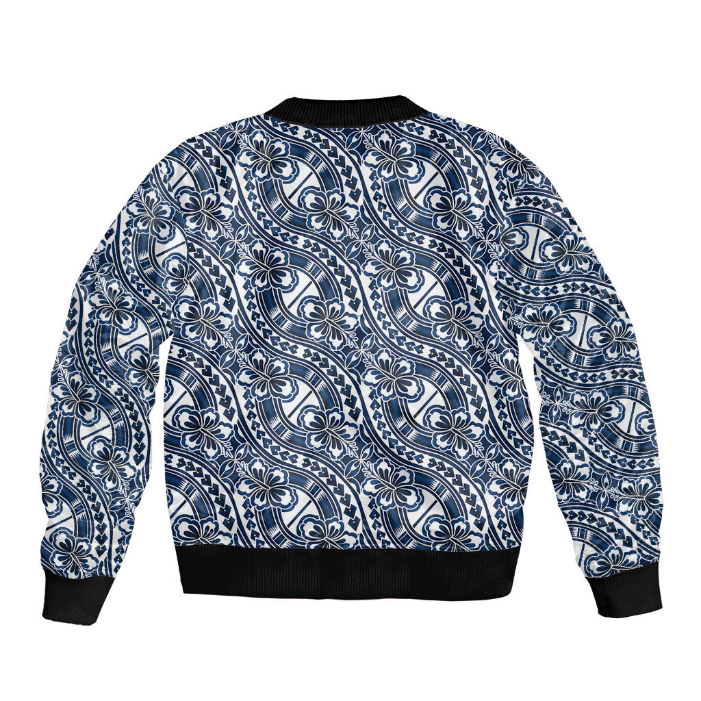 Hibiscus Bloom Island Tribal Waves Sleeve Zip Bomber Jacket Blue Polynesian Pattern LT01 - Polynesian Pride