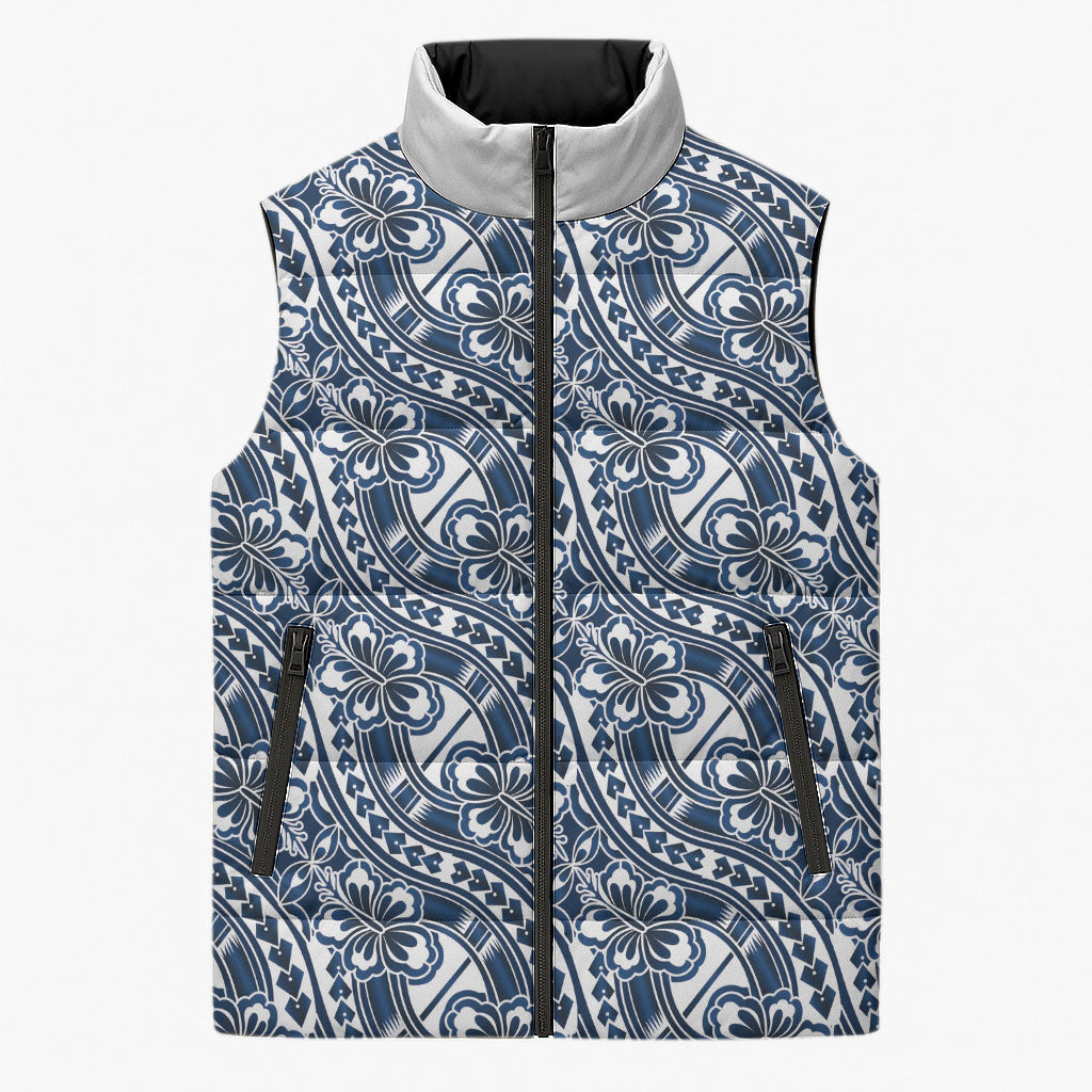 Hibiscus Bloom Island Tribal Waves Sleeveless Puffer Jacket Blue Polynesian Pattern LT01 Unisex Blue - Polynesian Pride