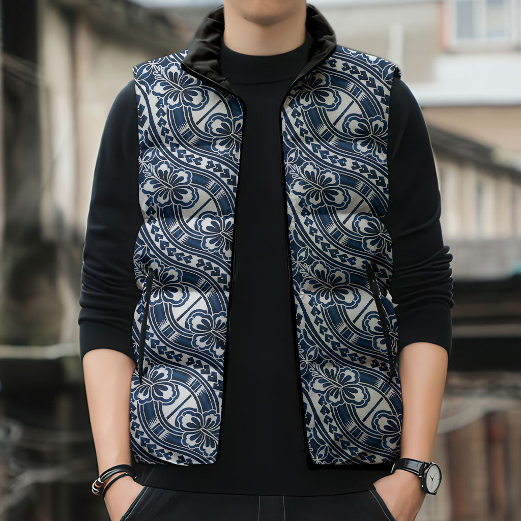 Hibiscus Bloom Island Tribal Waves Sleeveless Puffer Jacket Blue Polynesian Pattern LT01 - Polynesian Pride
