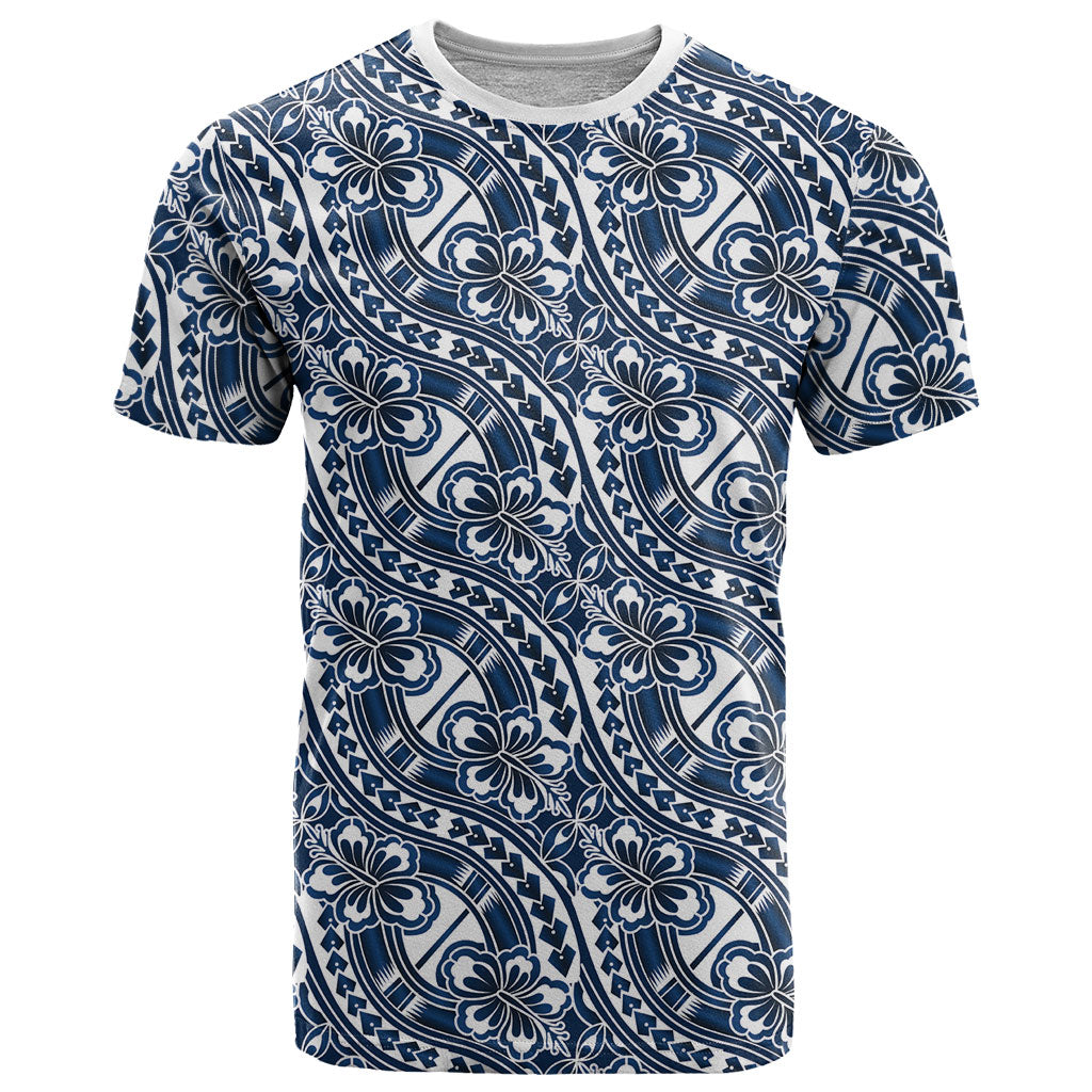 Hibiscus Bloom Island Tribal Waves T Shirt Blue Polynesian Pattern
