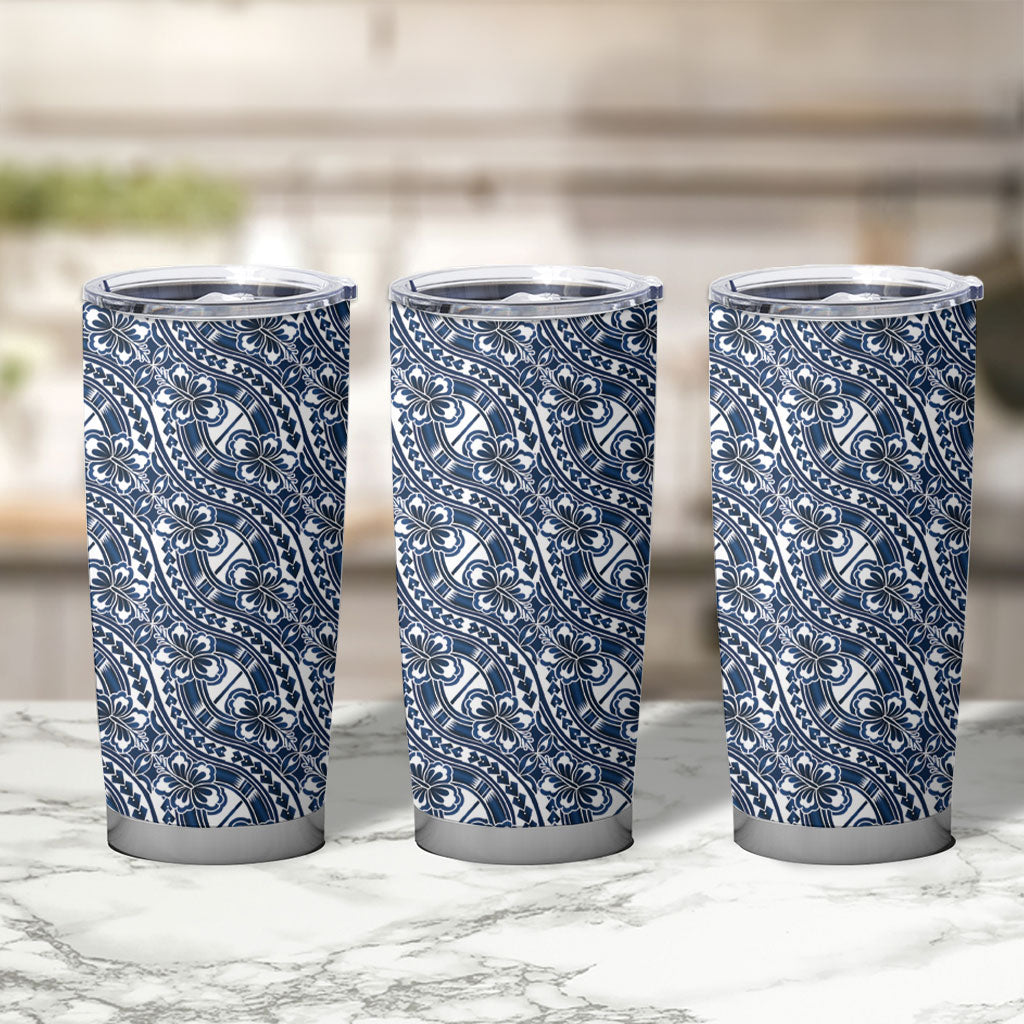 Hibiscus Bloom Island Tribal Waves Tumbler Cup Blue Polynesian Pattern LT01 - Polynesian Pride