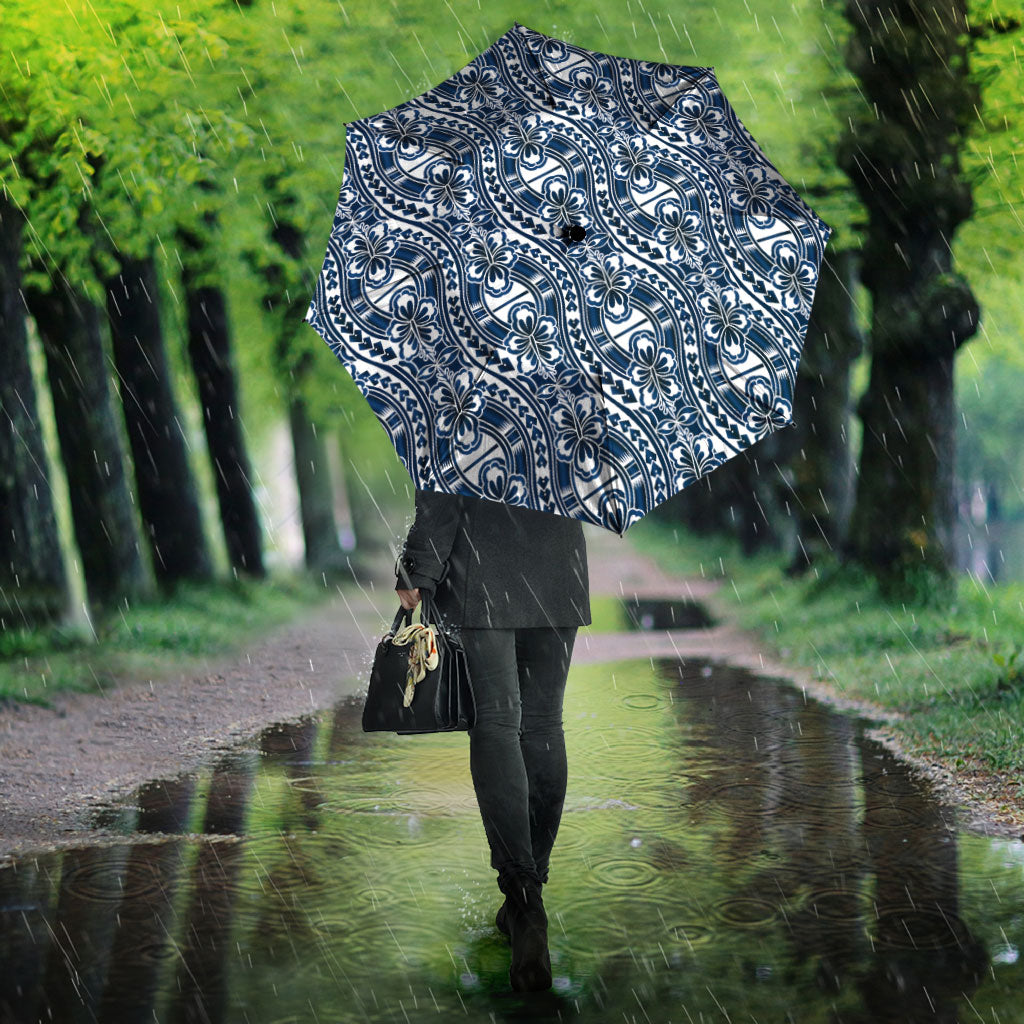 Hibiscus Bloom Island Tribal Waves Umbrella Blue Polynesian Pattern LT01 - Polynesian Pride