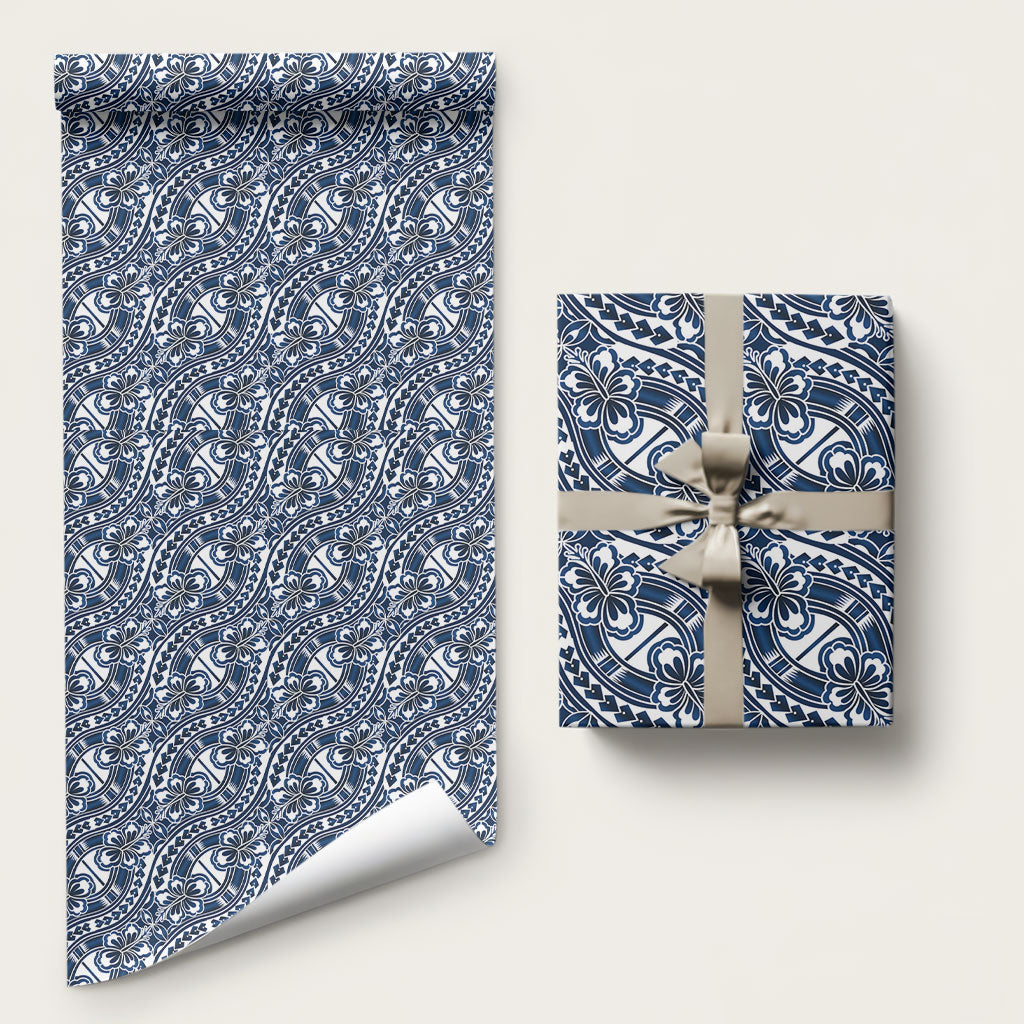 Hibiscus Bloom Island Tribal Waves Wrapping Paper Blue Polynesian Pattern LT01 58" × 23" Blue - Polynesian Pride
