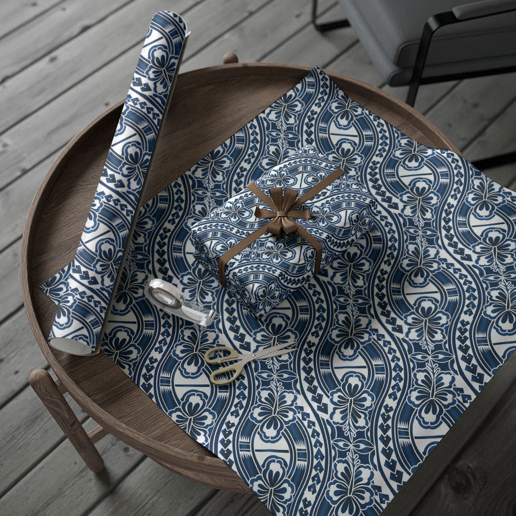Hibiscus Bloom Island Tribal Waves Wrapping Paper Blue Polynesian Pattern LT01 - Polynesian Pride