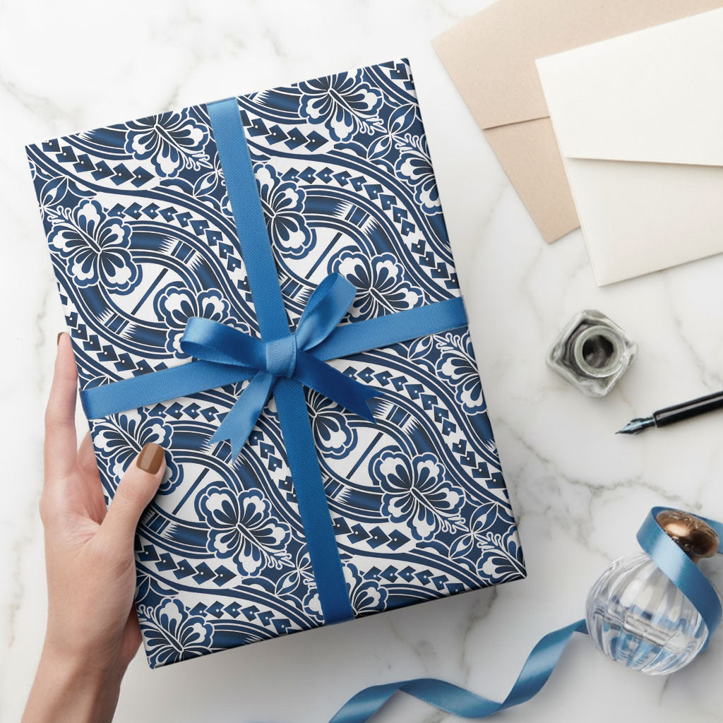 Hibiscus Bloom Island Tribal Waves Wrapping Paper Blue Polynesian Pattern LT01 - Polynesian Pride