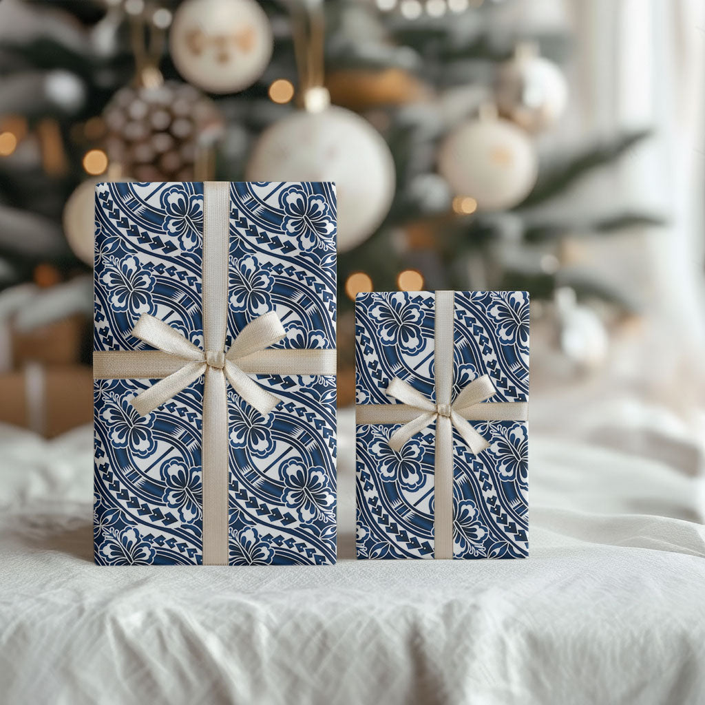 Hibiscus Bloom Island Tribal Waves Wrapping Paper Blue Polynesian Pattern LT01 - Polynesian Pride