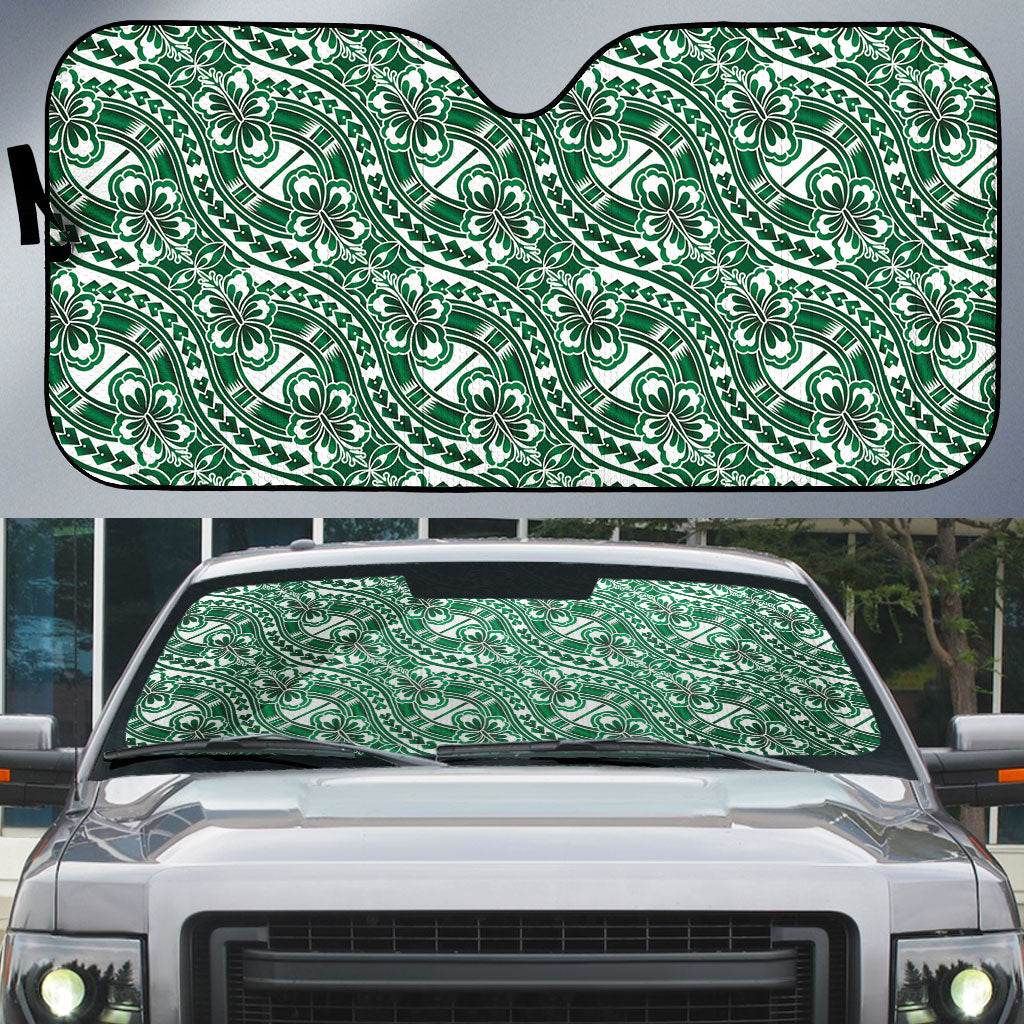 Hibiscus Bloom Island Tribal Waves Auto Sun Shade Green Polynesian Pattern LT01 Green - Polynesian Pride
