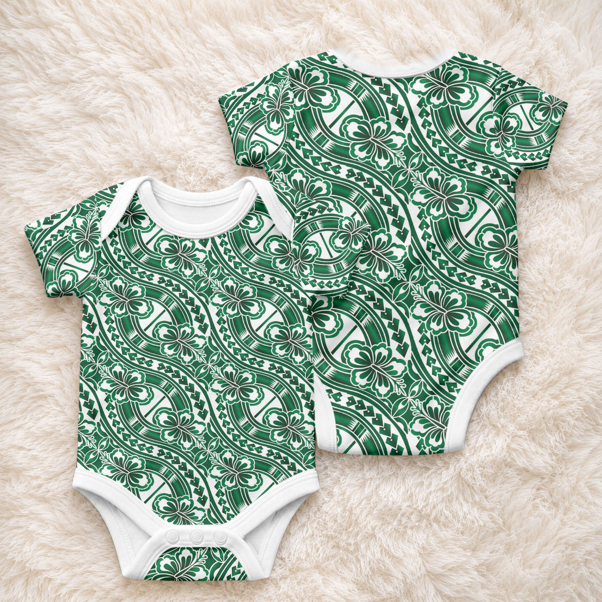 Hibiscus Bloom Island Tribal Waves Baby Onesie Green Polynesian Pattern LT01 - Polynesian Pride