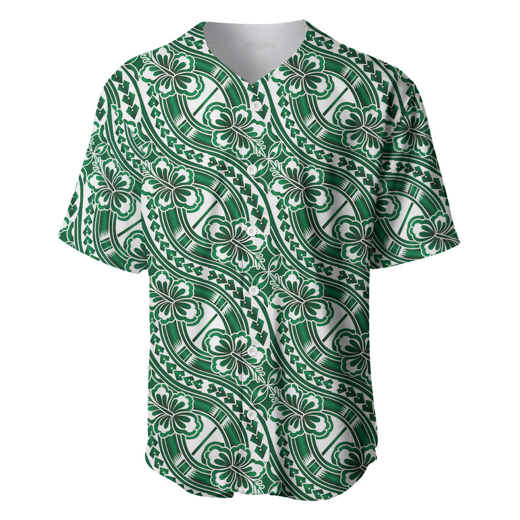 Hibiscus Bloom Island Tribal Waves Baseball Jersey Green Polynesian Pattern