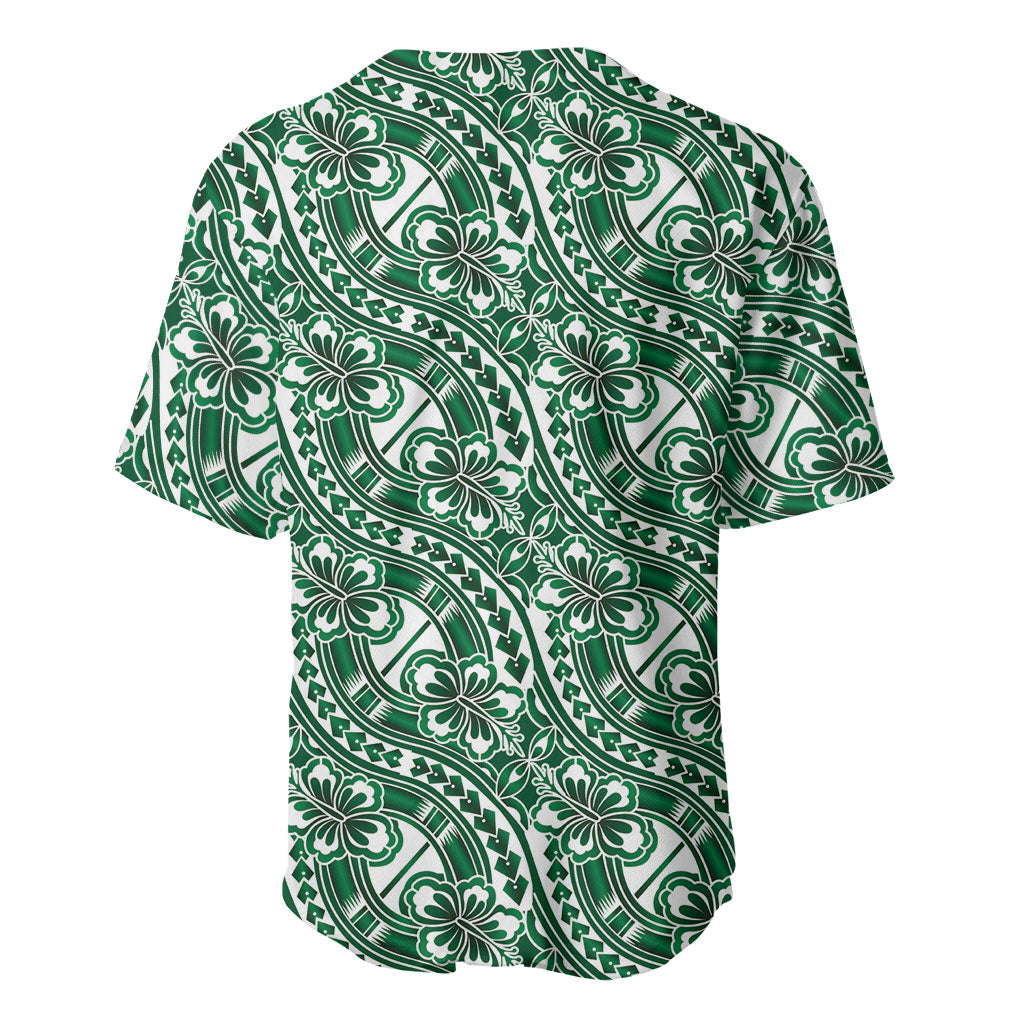 Hibiscus Bloom Island Tribal Waves Baseball Jersey Green Polynesian Pattern