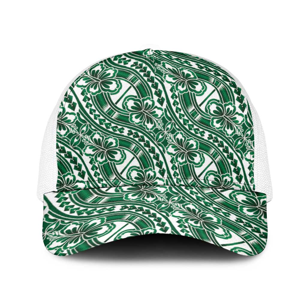 Hibiscus Bloom Island Tribal Waves Baseball Net Cap Green Polynesian Pattern LT01 One Size White Green - Polynesian Pride