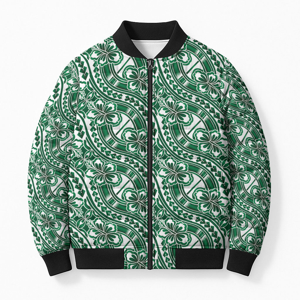 Hibiscus Bloom Island Tribal Waves Bomber Puffer Jacket Green Polynesian Pattern LT01 Unisex Green - Polynesian Pride