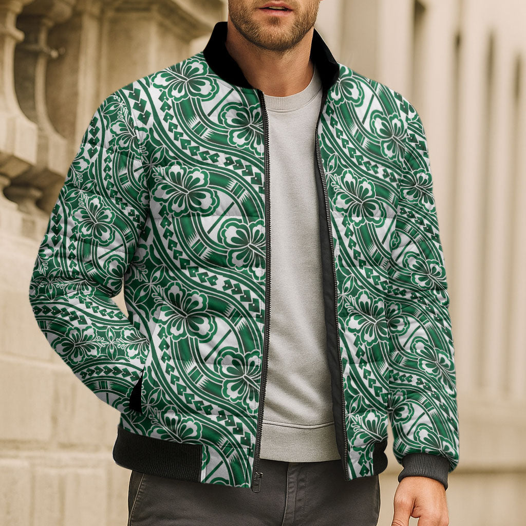 Hibiscus Bloom Island Tribal Waves Bomber Puffer Jacket Green Polynesian Pattern LT01 - Polynesian Pride
