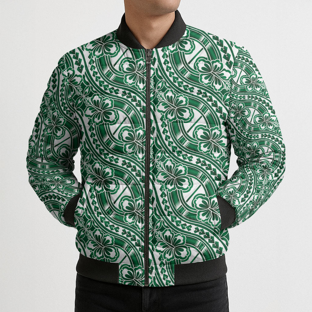 Hibiscus Bloom Island Tribal Waves Bomber Puffer Jacket Green Polynesian Pattern LT01 - Polynesian Pride