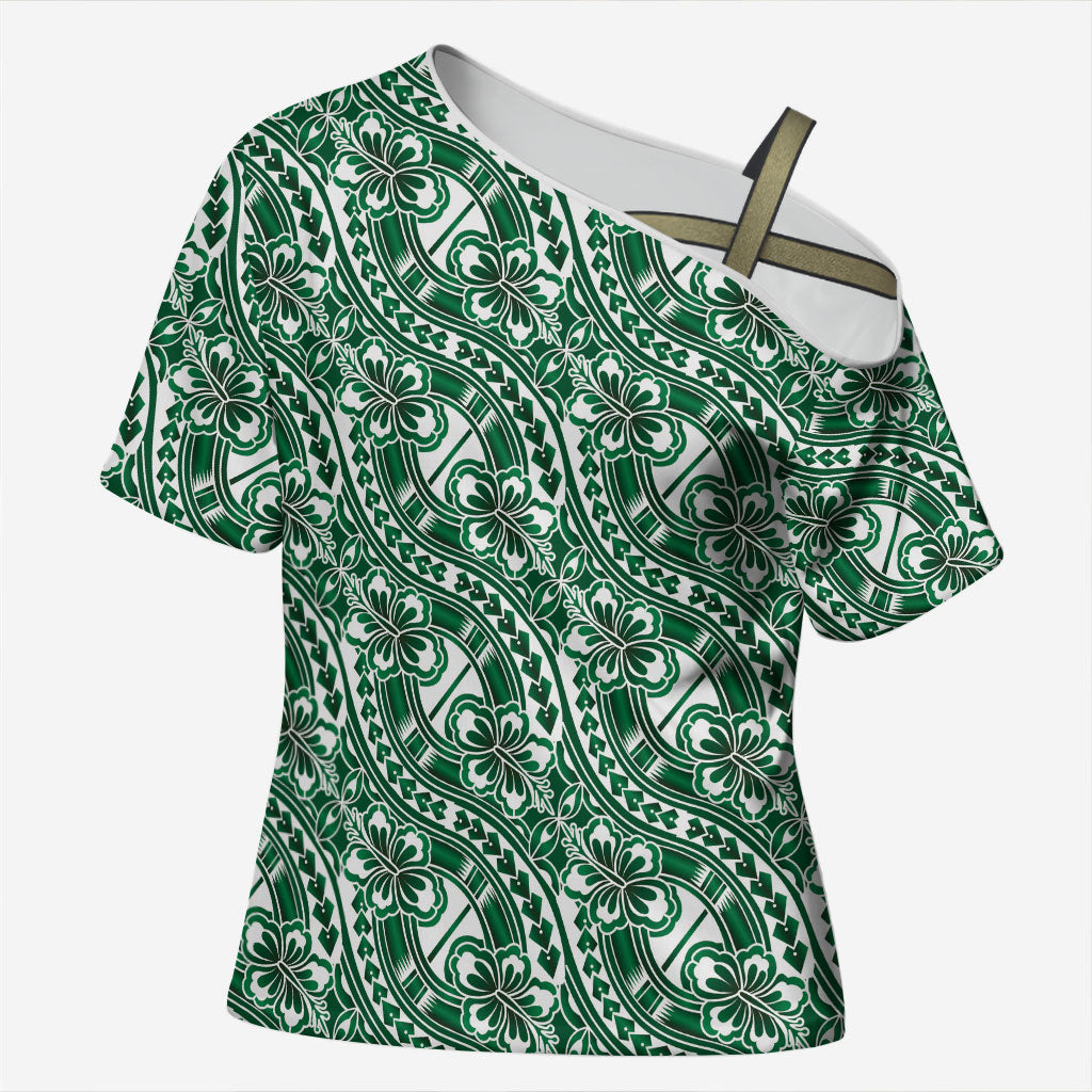 Hibiscus Bloom Island Tribal Waves Cross Shoulder Shirt Green Polynesian Pattern LT01 Female Green - Polynesian Pride