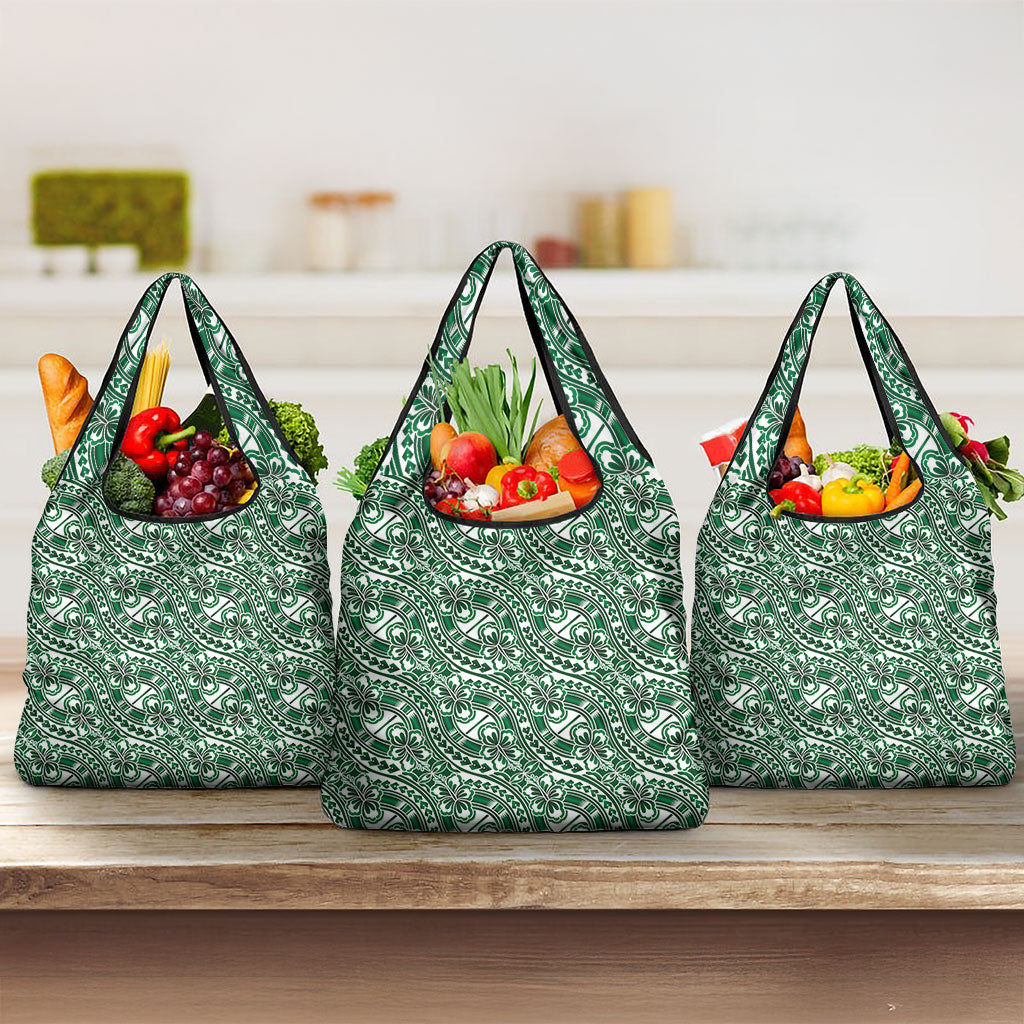 Hibiscus Bloom Island Tribal Waves Grocery Bag Green Polynesian Pattern LT01 3-pack One Size Green - Polynesian Pride