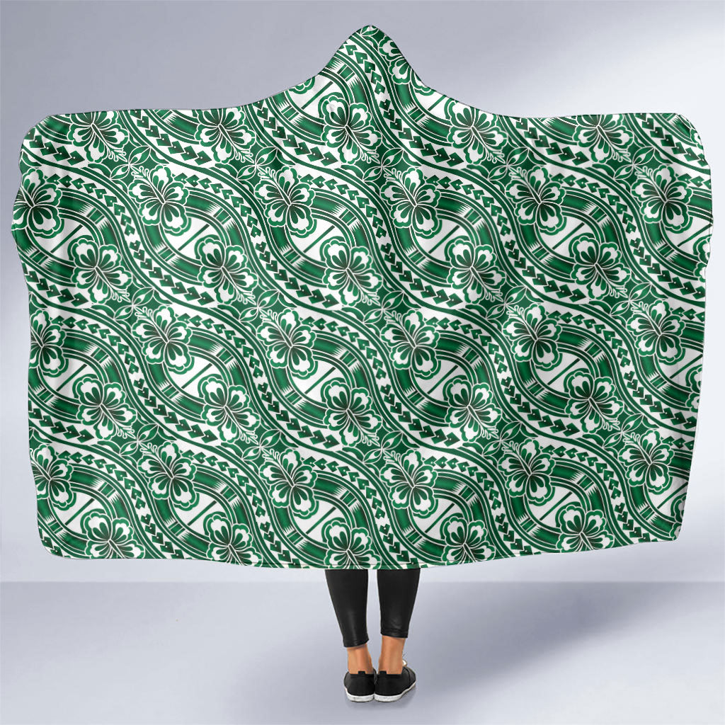 Hibiscus Bloom Island Tribal Waves Hooded Blanket Green Polynesian Pattern LT01 One Size Green - Polynesian Pride