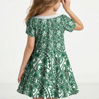 Hibiscus Bloom Island Tribal Waves Kid Short Sleeve Dress Green Polynesian Pattern LT01 - Polynesian Pride
