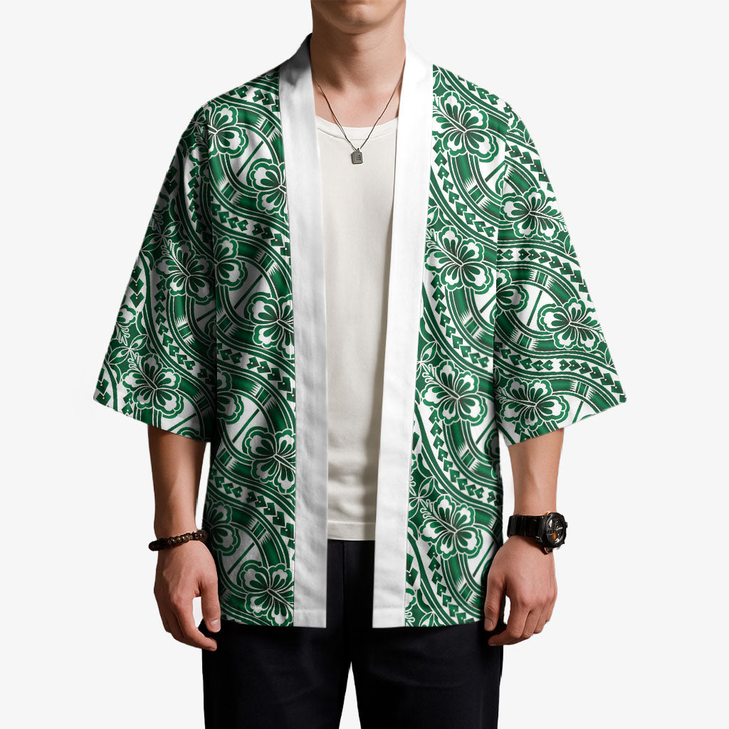 Hibiscus Bloom Island Tribal Waves Kimono Green Polynesian Pattern LT01 - Polynesian Pride