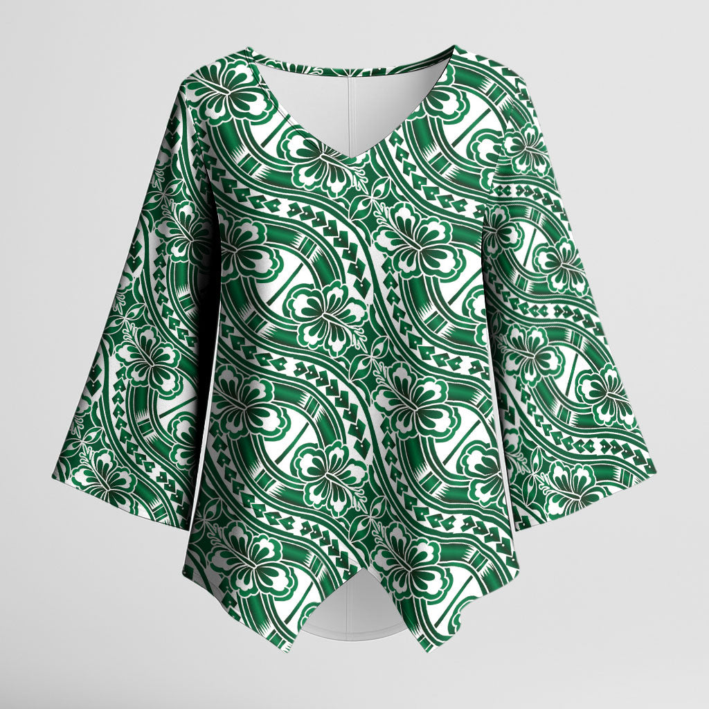 Hibiscus Bloom Island Tribal Waves Kimono Sleeve Blouse Green Polynesian Pattern