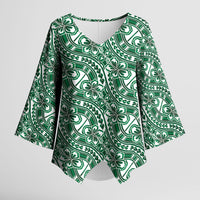 Hibiscus Bloom Island Tribal Waves Kimono Sleeve Blouse Green Polynesian Pattern
