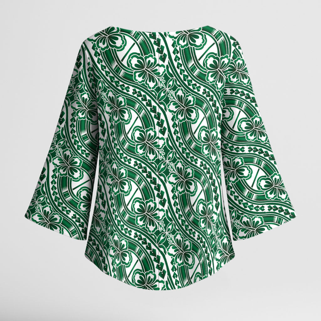 Hibiscus Bloom Island Tribal Waves Kimono Sleeve Blouse Green Polynesian Pattern