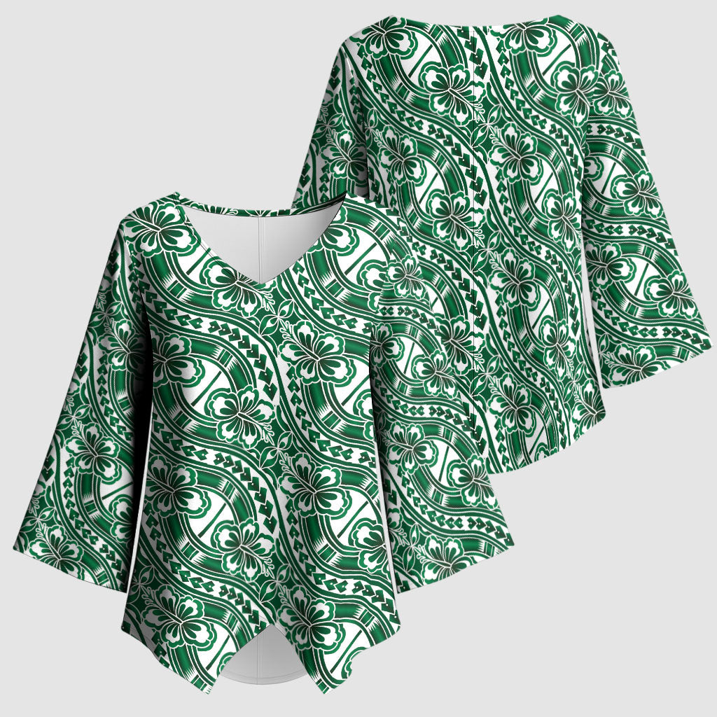 Hibiscus Bloom Island Tribal Waves Kimono Sleeve Blouse Green Polynesian Pattern