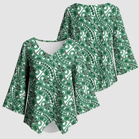 Hibiscus Bloom Island Tribal Waves Kimono Sleeve Blouse Green Polynesian Pattern