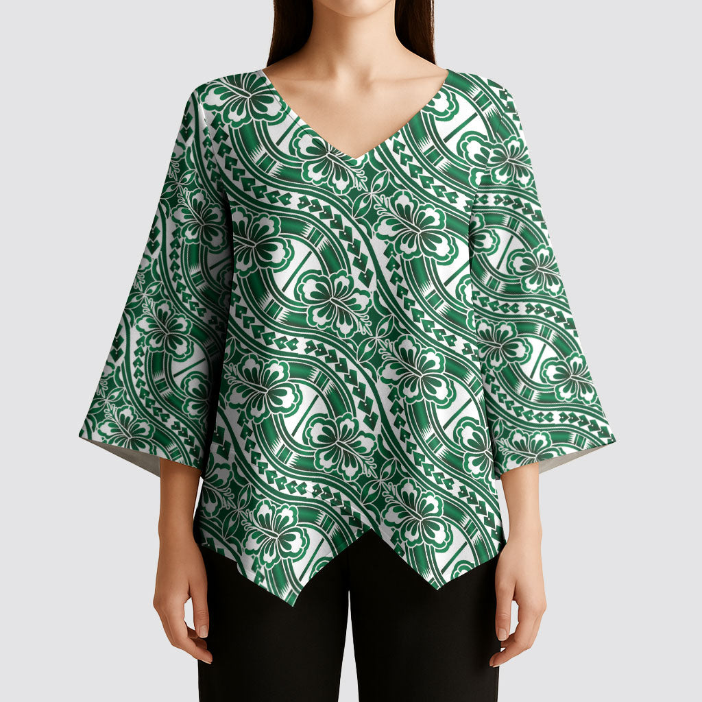 Hibiscus Bloom Island Tribal Waves Kimono Sleeve Blouse Green Polynesian Pattern