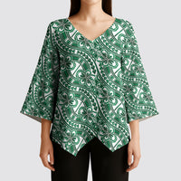 Hibiscus Bloom Island Tribal Waves Kimono Sleeve Blouse Green Polynesian Pattern