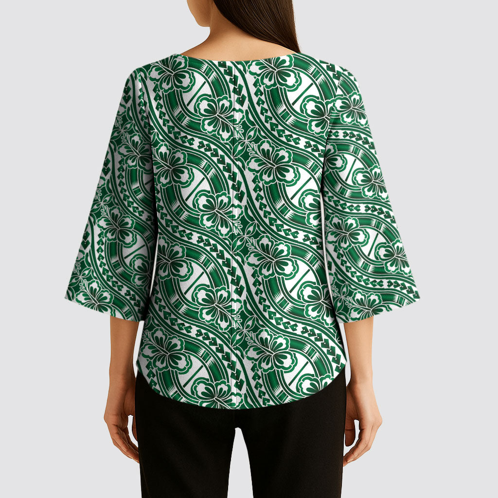 Hibiscus Bloom Island Tribal Waves Kimono Sleeve Blouse Green Polynesian Pattern