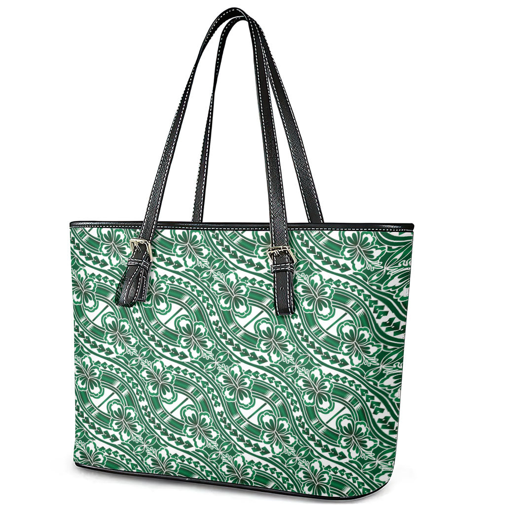 Hibiscus Bloom Island Tribal Waves Leather Tote Bag Green Polynesian Pattern LT01 - Polynesian Pride