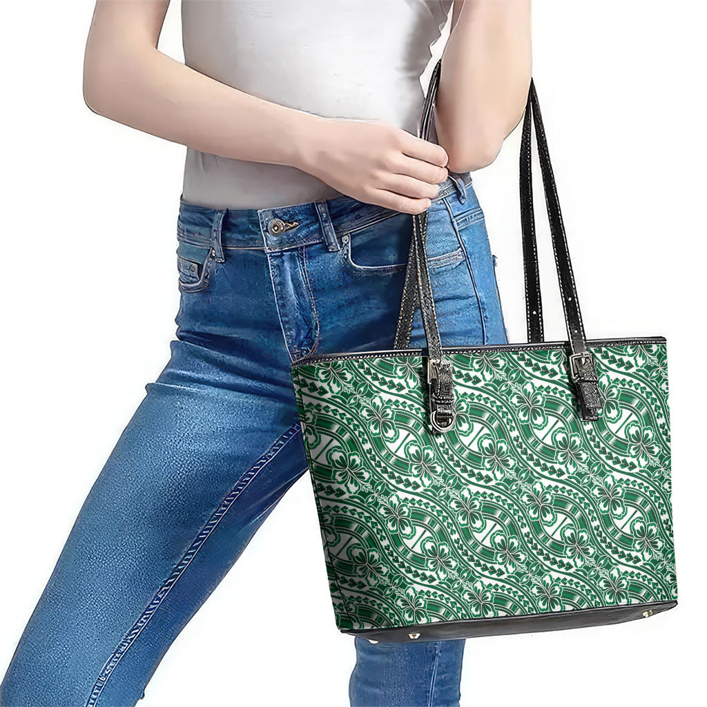 Hibiscus Bloom Island Tribal Waves Leather Tote Bag Green Polynesian Pattern LT01 - Polynesian Pride