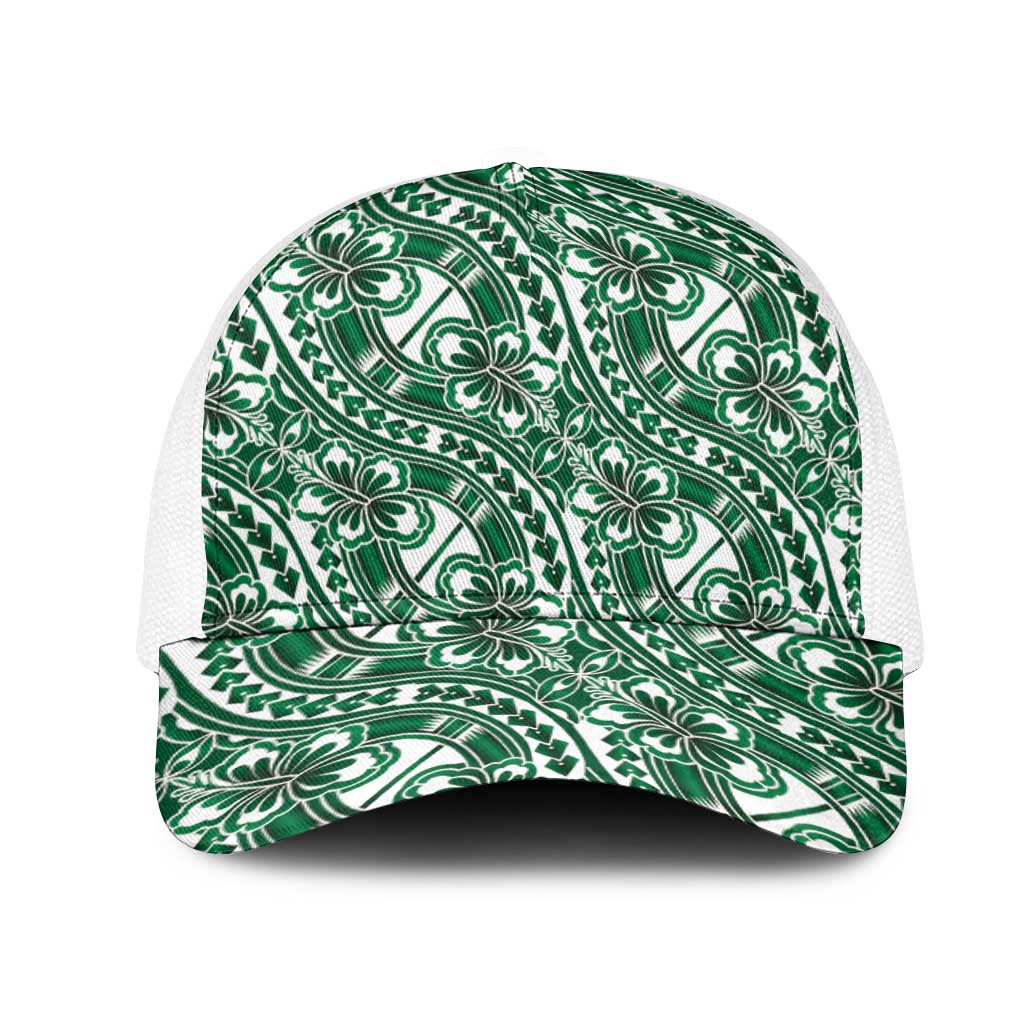 Hibiscus Bloom Island Tribal Waves Mesh Trucker Cap Green Polynesian Pattern LT01 One Size White Green - Polynesian Pride