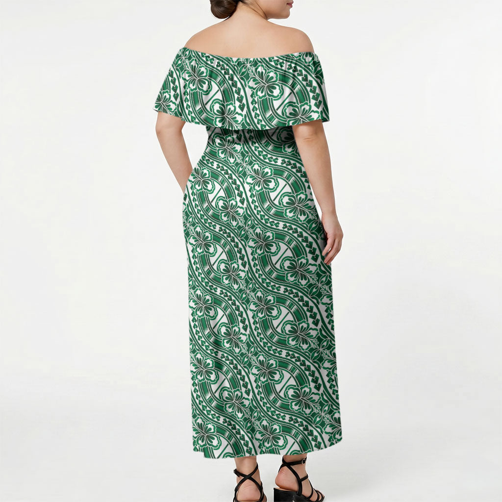 Hibiscus Bloom Island Tribal Waves Off Shoulder Maxi Dress Green Polynesian Pattern LT01 - Polynesian Pride
