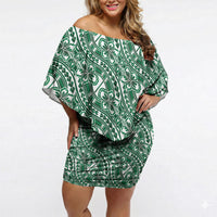 Hibiscus Bloom Island Tribal Waves Off Shoulder Short Dress Green Polynesian Pattern LT01 Women Green - Polynesian Pride