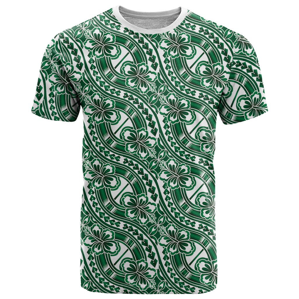 Hibiscus Bloom Island Tribal Waves T Shirt Green Polynesian Pattern
