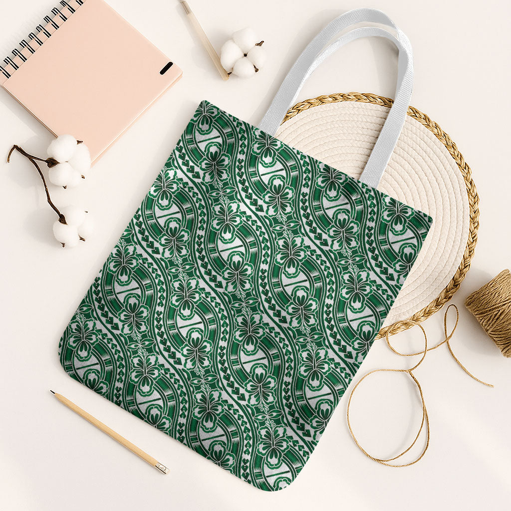 Hibiscus Bloom Island Tribal Waves Tote Bag Green Polynesian Pattern LT01 White Strap One Size Green - Polynesian Pride