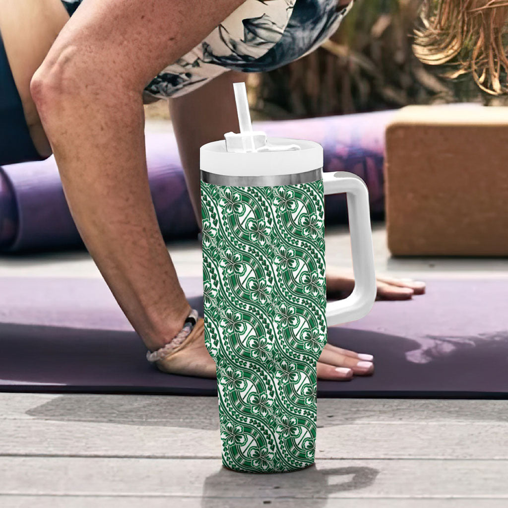 Hibiscus Bloom Island Tribal Waves Tumbler With Handle Green Polynesian Pattern LT01 - Polynesian Pride