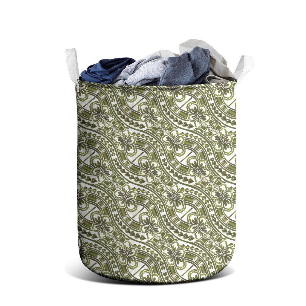 Hibiscus Bloom Island Tribal Waves Laundry Basket Olive Green Polynesian Pattern LT01 - Polynesian Pride