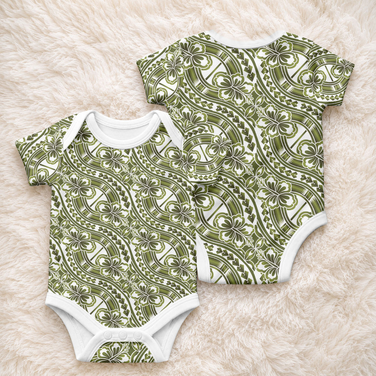 Hibiscus Bloom Island Tribal Waves Baby Onesie Olive Green Polynesian Pattern LT01 - Polynesian Pride