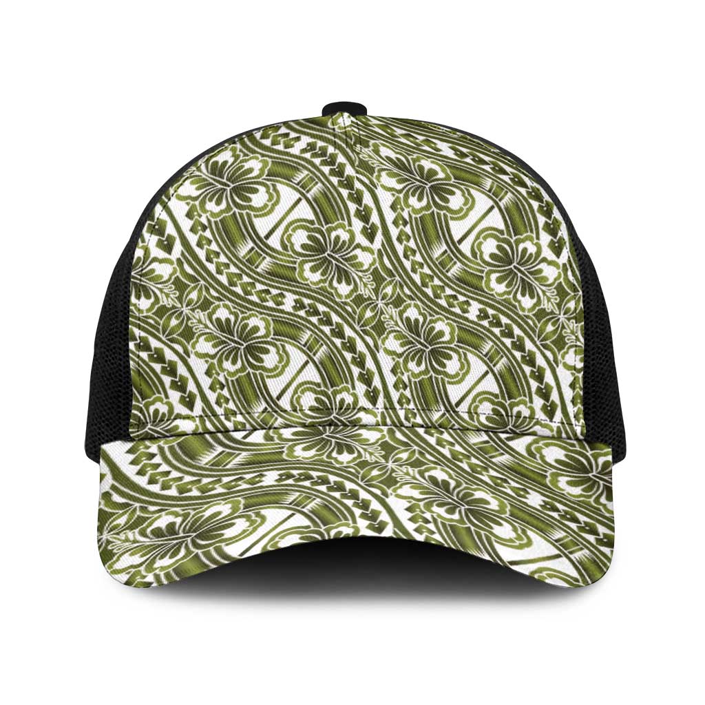 Hibiscus Bloom Island Tribal Waves Baseball Net Cap Olive Green Polynesian Pattern LT01 One Size Black Olive Green - Polynesian Pride