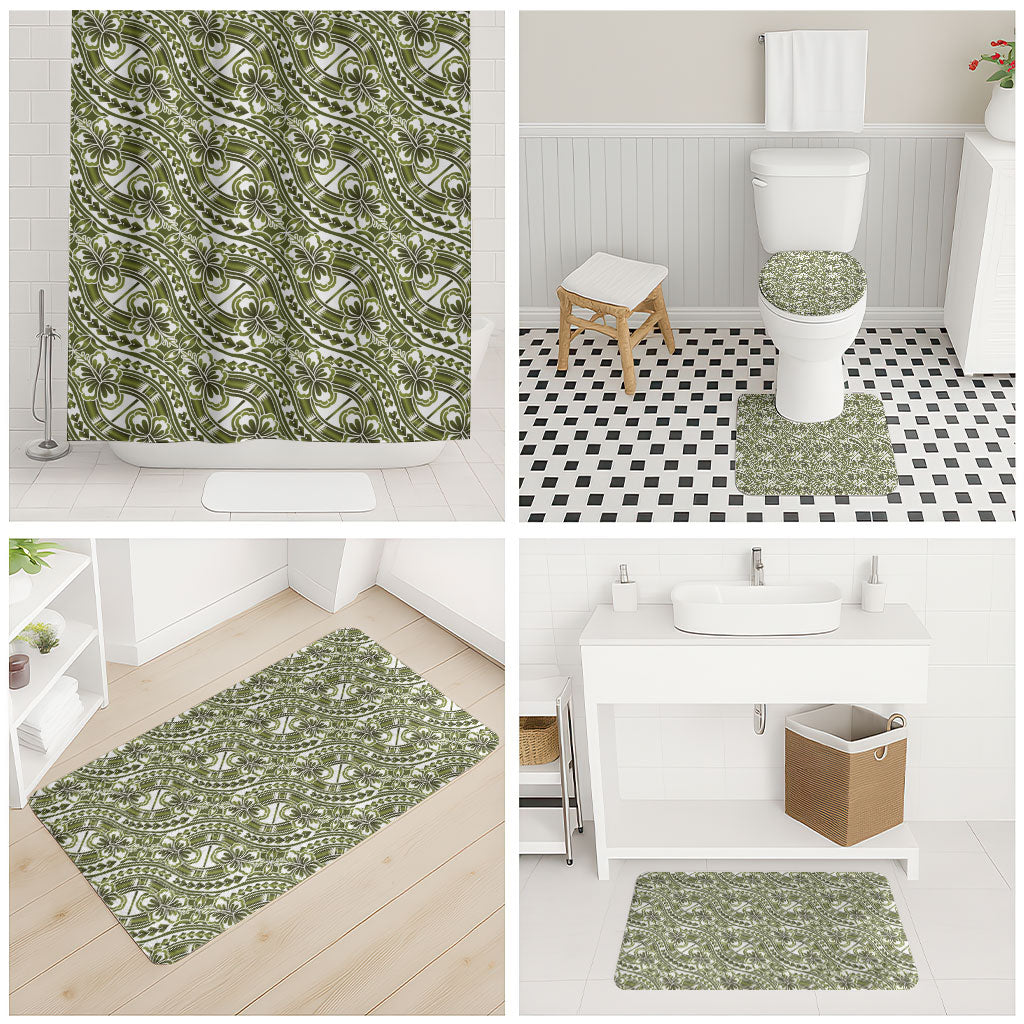 Hibiscus Bloom Island Tribal Waves Bathroom Set Olive Green Polynesian Pattern