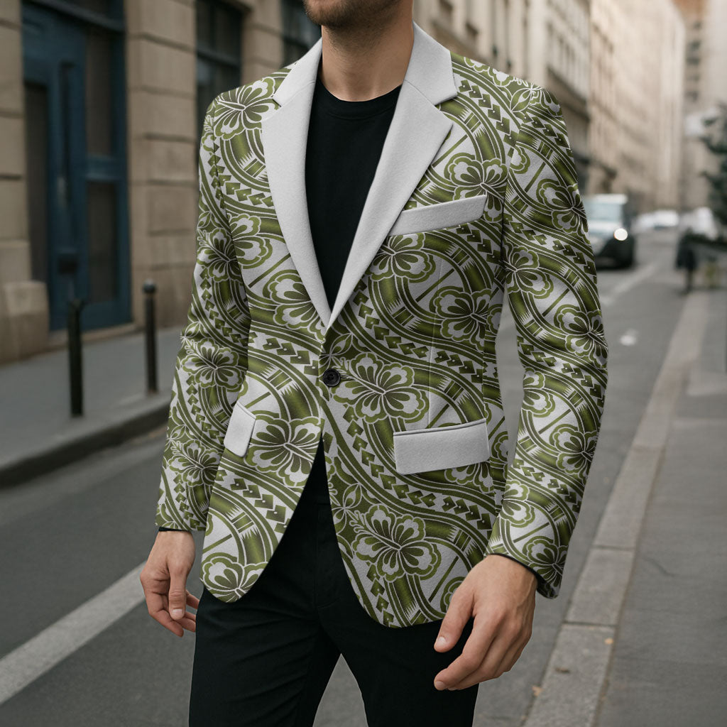 Hibiscus Bloom Island Tribal Waves Blazer Olive Green Polynesian Pattern LT01 - Polynesian Pride