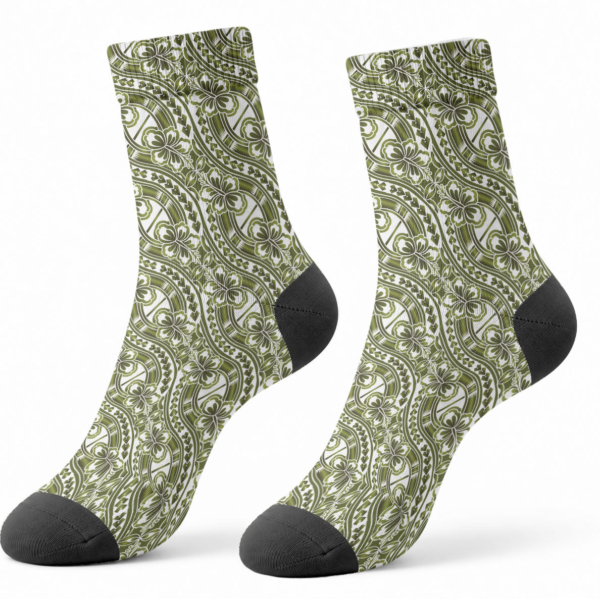 Hibiscus Bloom Island Tribal Waves Crew Socks Olive Green Polynesian Pattern LT01 - Polynesian Pride