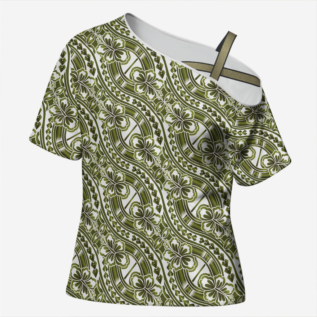 Hibiscus Bloom Island Tribal Waves Cross Shoulder Shirt Olive Green Polynesian Pattern LT01 Female Olive Green - Polynesian Pride