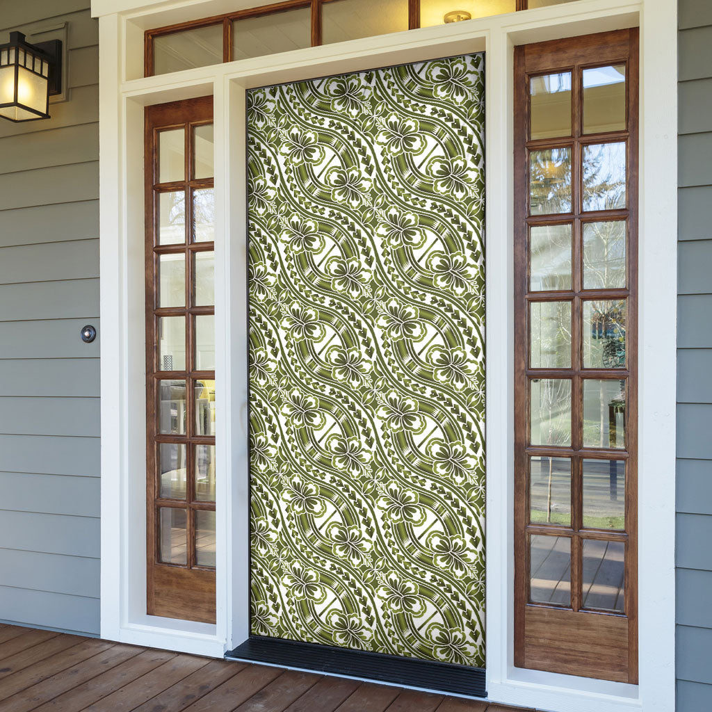 Hibiscus Bloom Island Tribal Waves Door Cover Olive Green Polynesian Pattern LT01 - Polynesian Pride