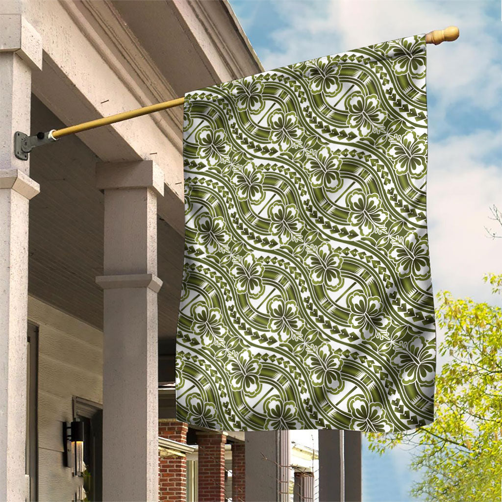 Hibiscus Bloom Island Tribal Waves Garden Flag Olive Green Polynesian Pattern LT01 House Flag Olive Green - Polynesian Pride