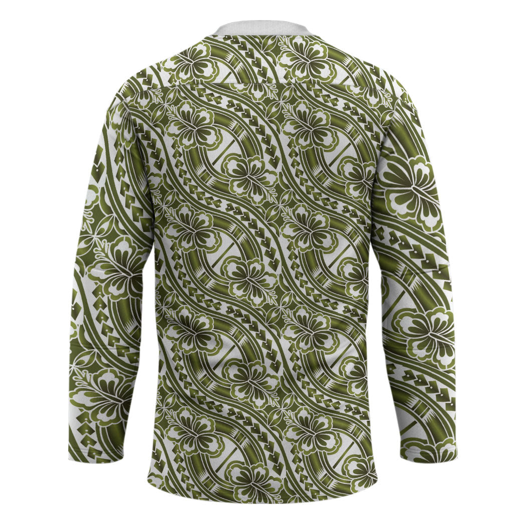 Hibiscus Bloom Island Tribal Waves Hockey Jersey Olive Green Polynesian Pattern LT01 - Polynesian Pride