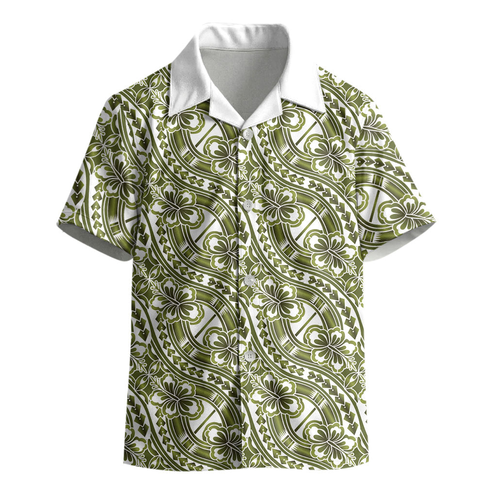 Hibiscus Bloom Island Tribal Waves Kid Hawaiian Shirt Olive Green Polynesian Pattern LT01 - Polynesian Pride